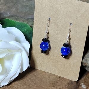 Hand Crafted Dangle Earrings Blue & Clear Crackled Glass Beads with Black Beads